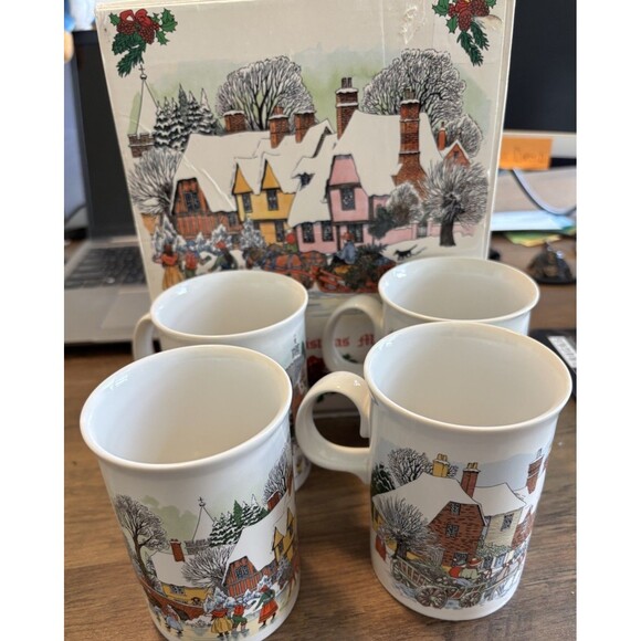 DUNOON 4 Christmas Mugs Scotland Victorian Prints w/ Box Fine White bone china - Picture 3 of 16